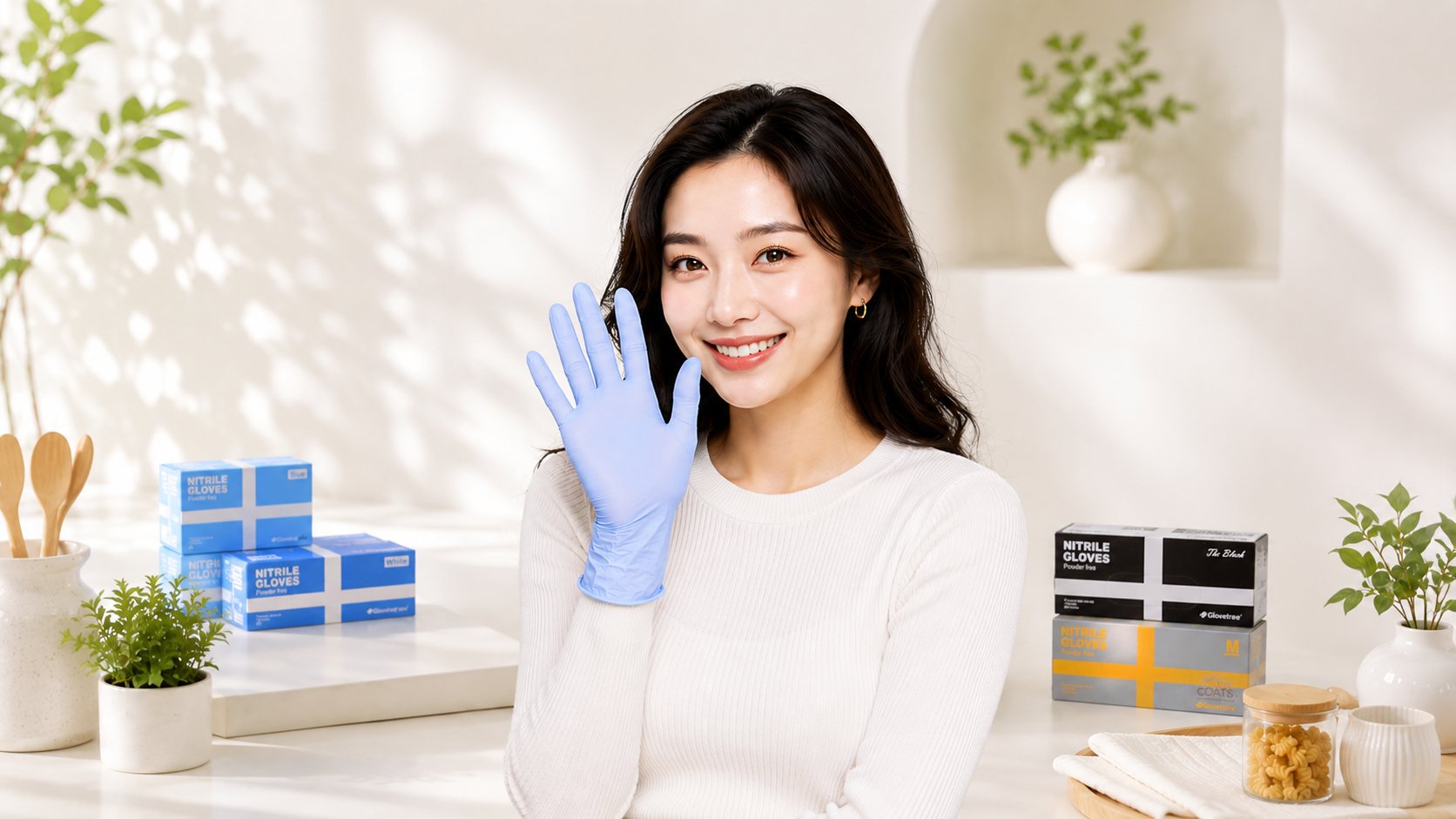 파란 니트릴 장갑을 낀 손을 들어 보이는 모습
